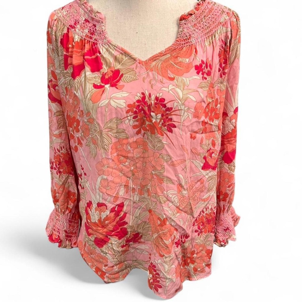 Talbots Floral Blouse Ruffled 3/4 Sleeves Women's XL Petite Coquette Flowy